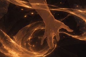 Close-up of character using glowing amber powers in the dark