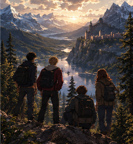 friends looking out from mountain view of kingdom